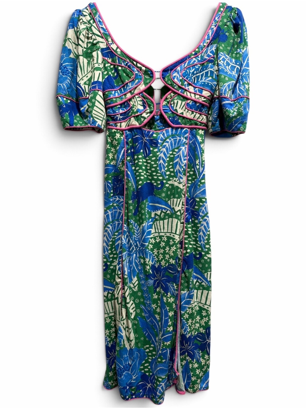 FARM Rio Jungle Panther Linen Blend Cutout Puff Sleeve Midi Dress XS Green Blue